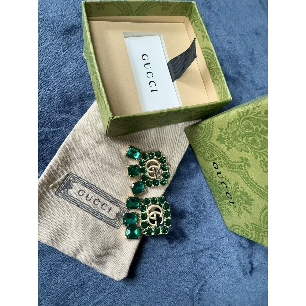 Vintage Gucci Emerald and Gold Drop Earrings with Double G Motif - Picture 3 of 14